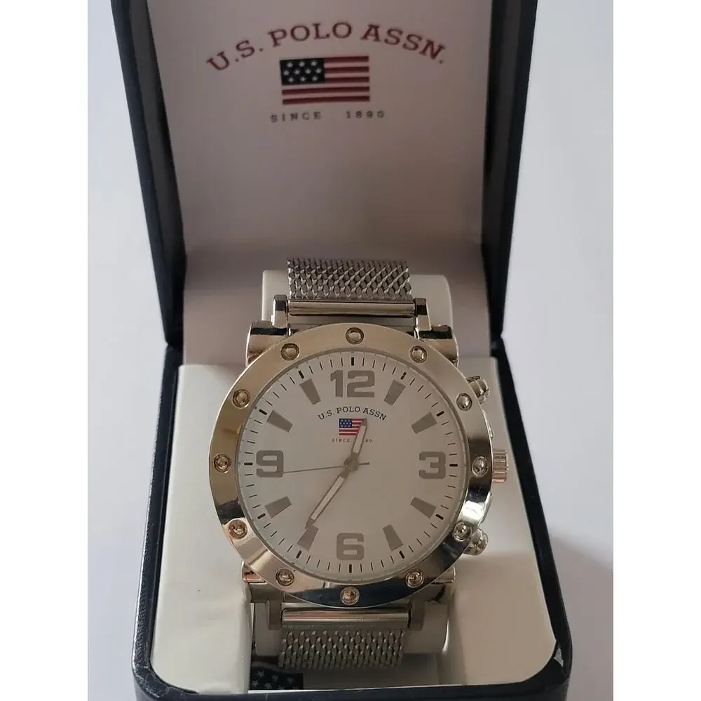 U.S. Polo Assn. Mens Watch 40mm White Dial Silver Case Mesh Bracelet Analog